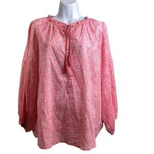 Pink Floral Peasant Blouse with Tassel Tie